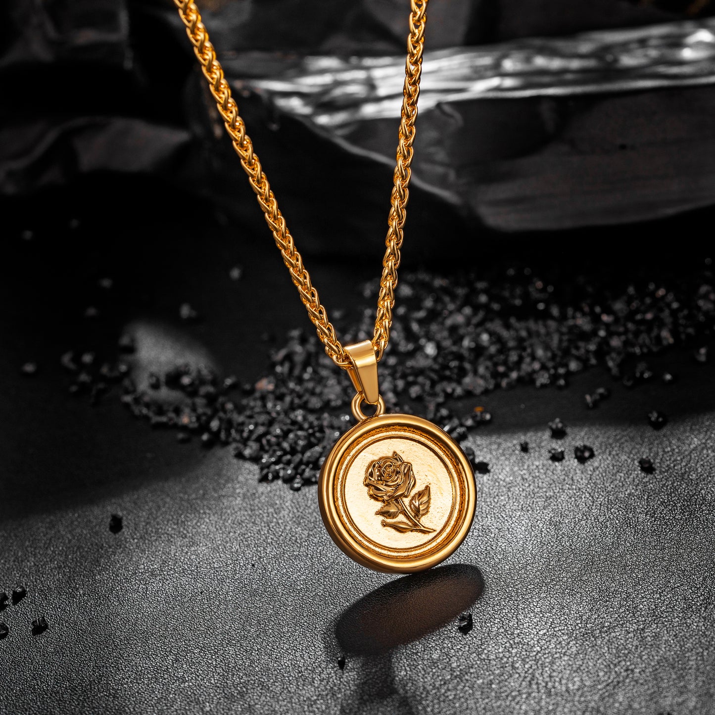 Gold Rose Pendant Necklace Wheat Chain N01544