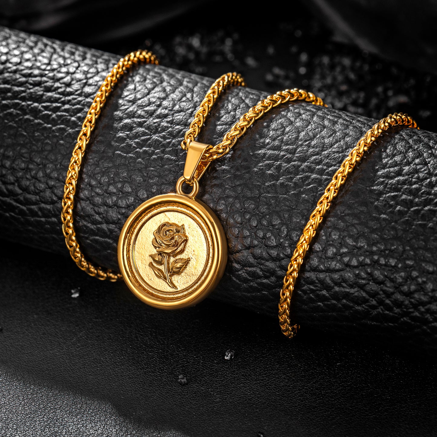 Gold Rose Pendant Necklace Wheat Chain N01544