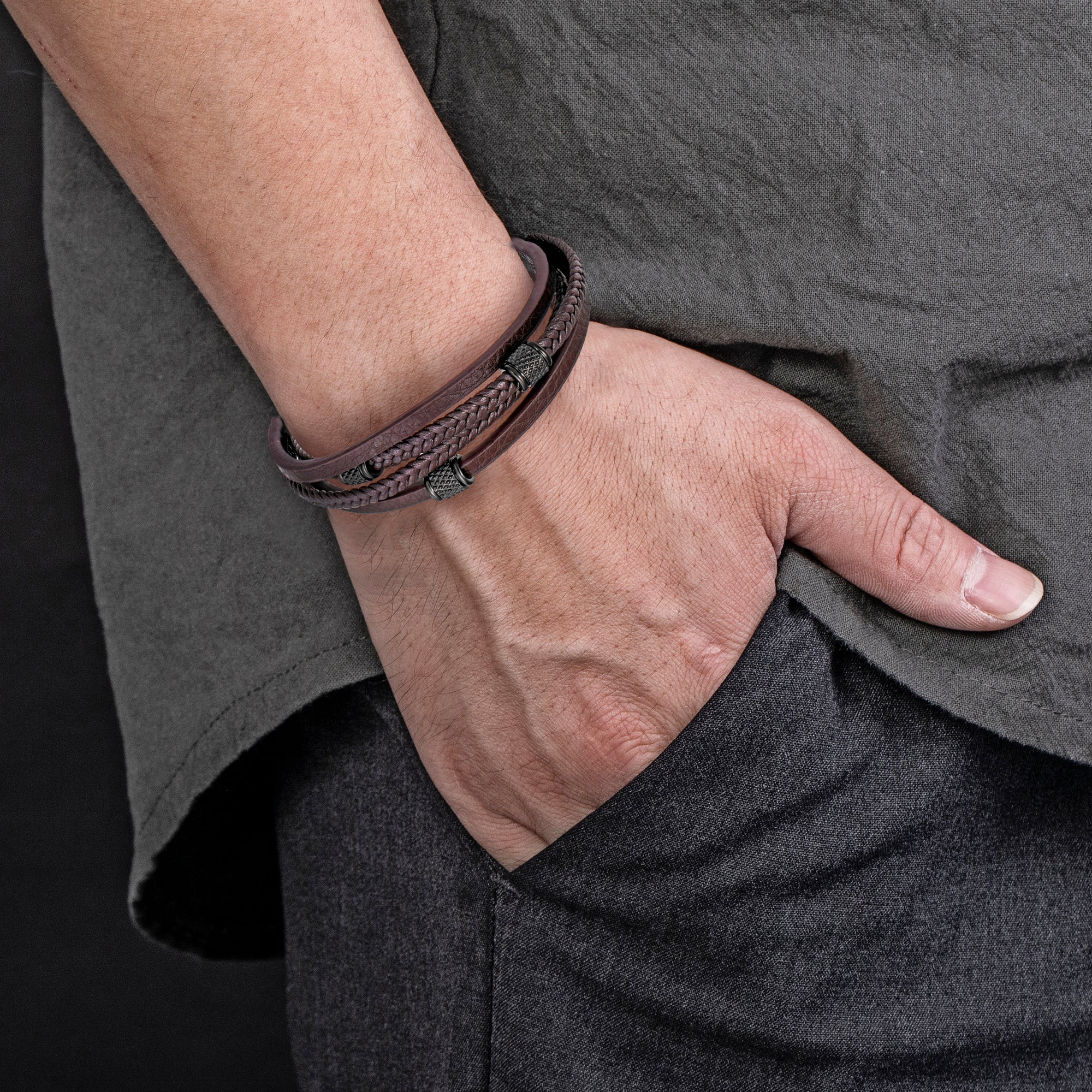 Mens Bracelet Adjustable Clasp Cuff Multi Strand Wristband Leather