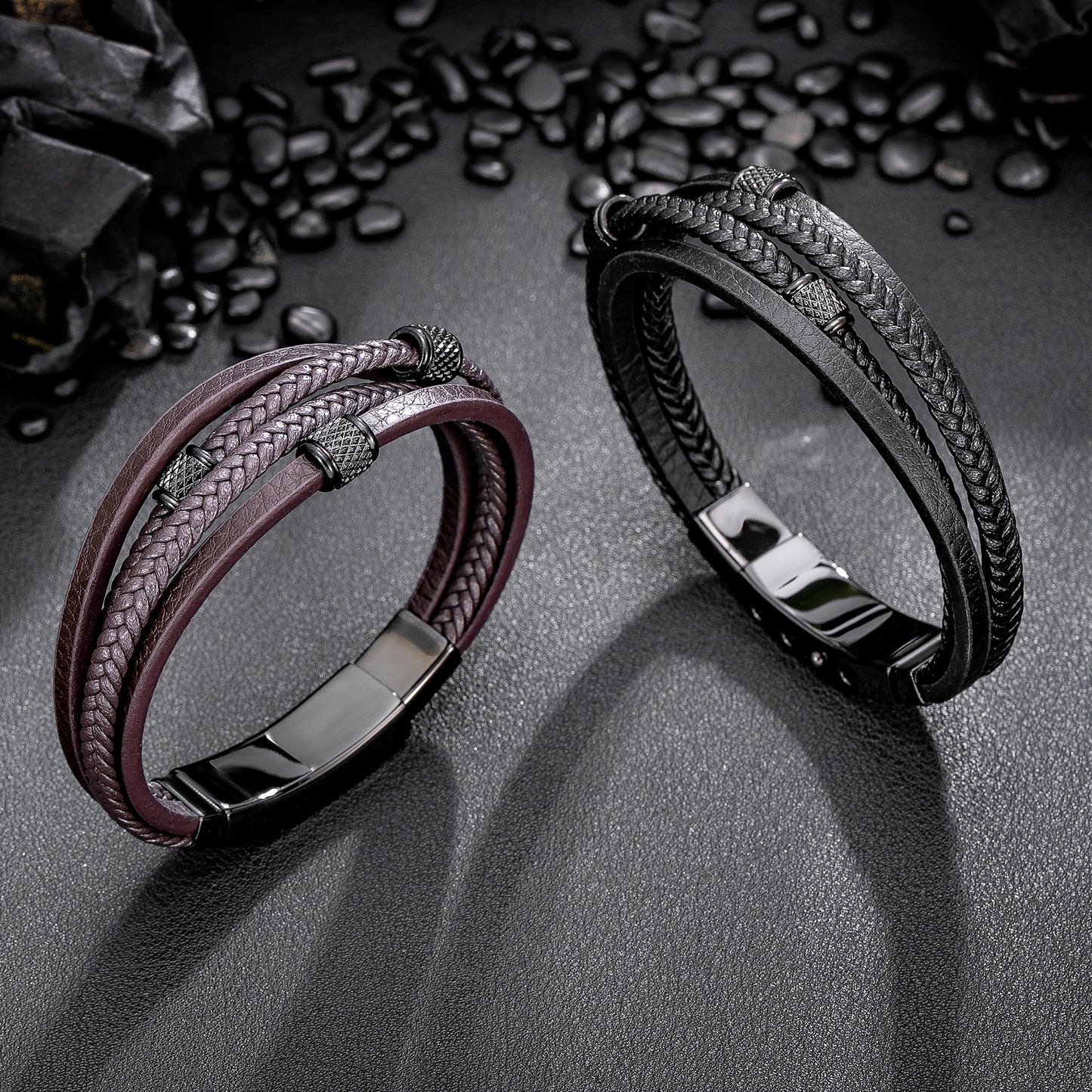 Mens Bracelet Adjustable Clasp Cuff Multi Strand Wristband Leather Bracelet for Daily Wear Minimalist Style Gift for Him