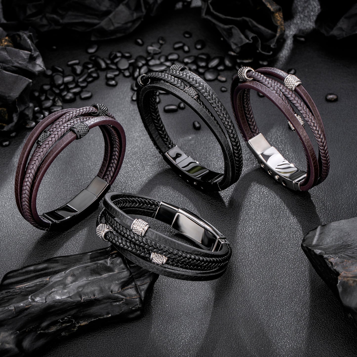 Mens Bracelet Adjustable Clasp Cuff Multi Strand Wristband Leather Bracelet for Daily Wear Minimalist Style Gift for Him