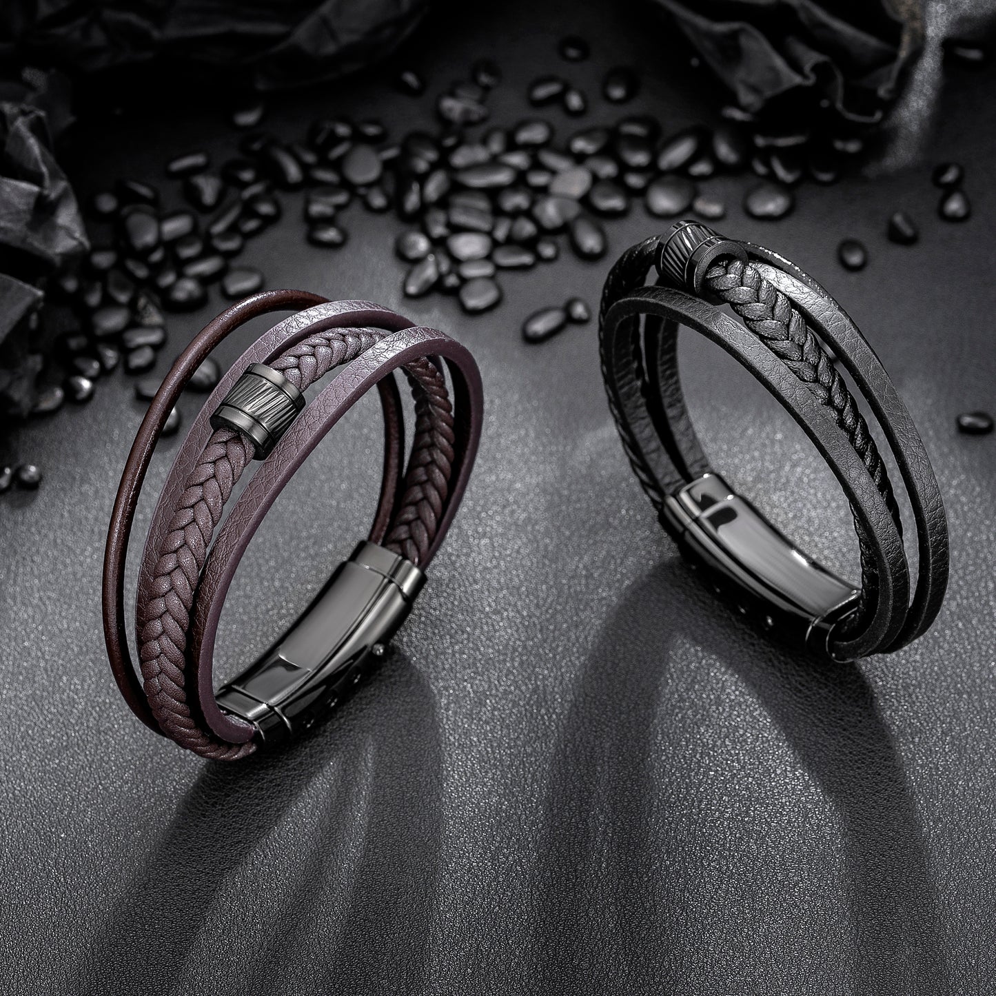 Mens Bracelet Adjustable Clasp Cuff Multi Strand Wristband Leather Bracelet for Daily Wear Minimalist Style Gift for Him