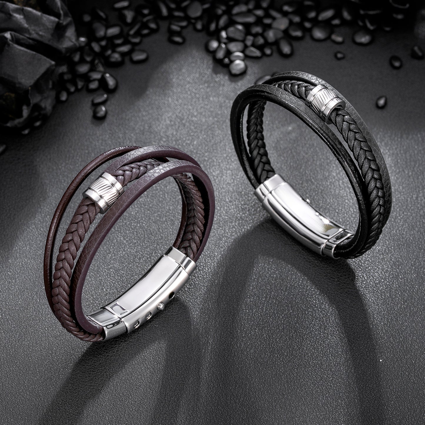 Mens Bracelet Adjustable Clasp Cuff Multi Strand Wristband Leather Bracelet for Daily Wear Minimalist Style Gift for Him