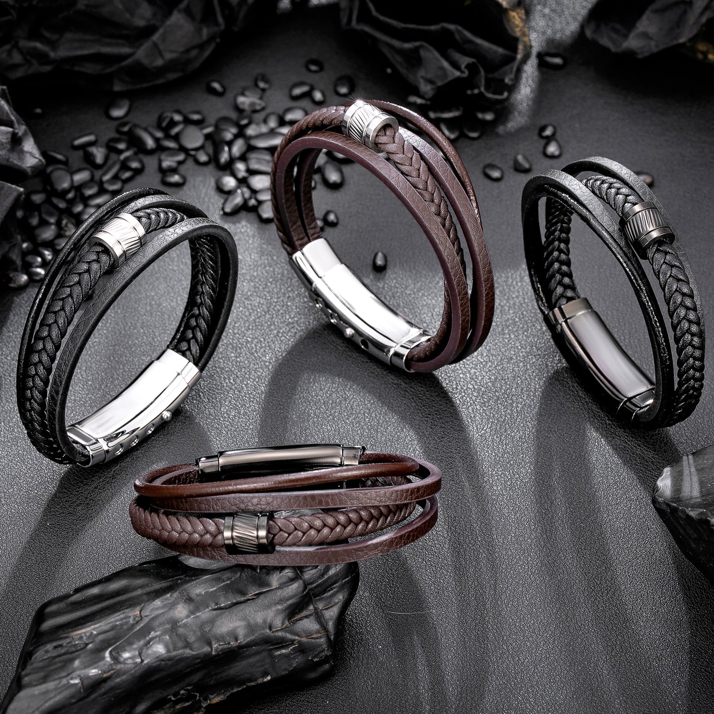 Mens Bracelet Adjustable Clasp Cuff Multi Strand Wristband Leather Bracelet for Daily Wear Minimalist Style Gift for Him