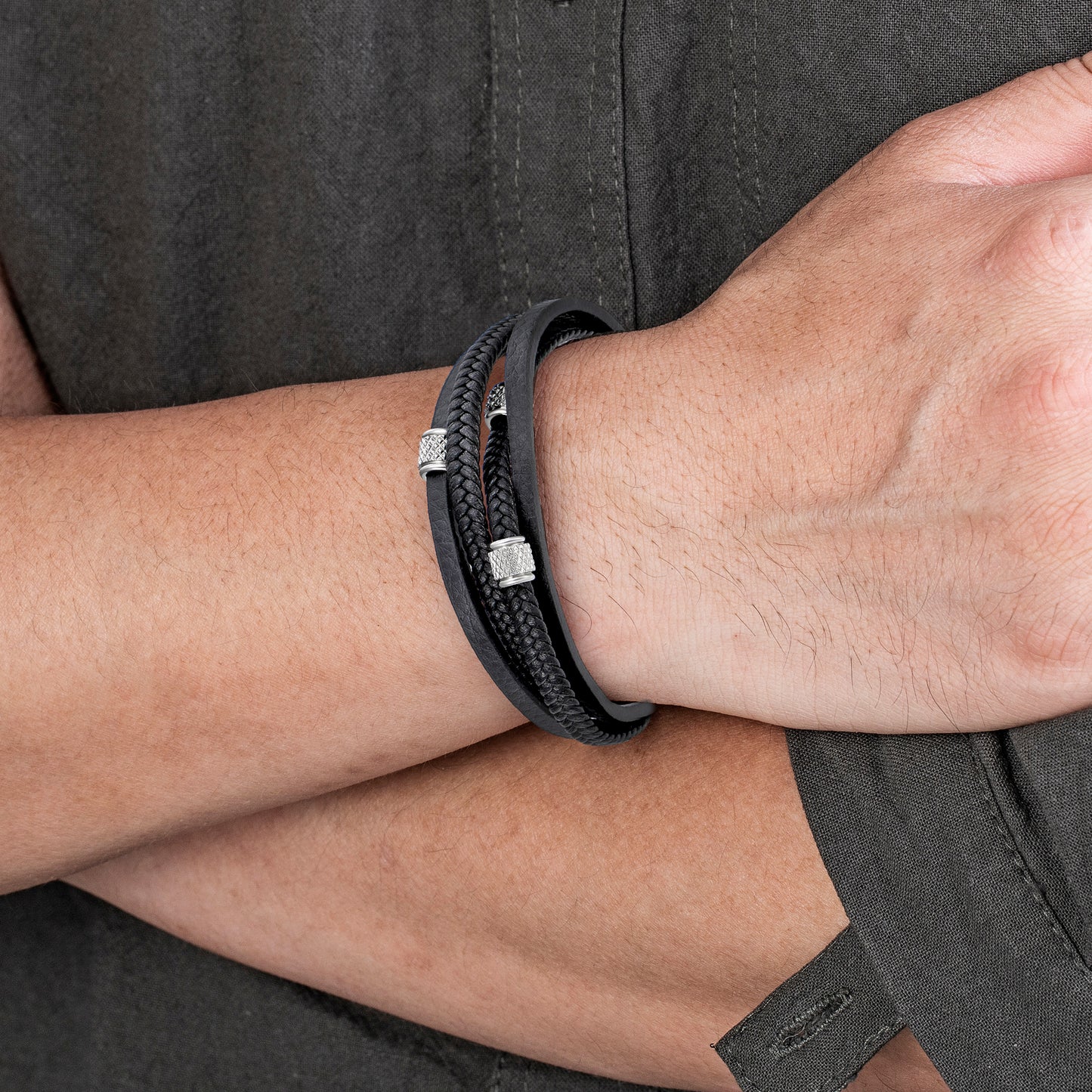 Mens Bracelet Adjustable Clasp Cuff Multi Strand Wristband Leather Bracelet for Daily Wear Minimalist Style Gift for Him