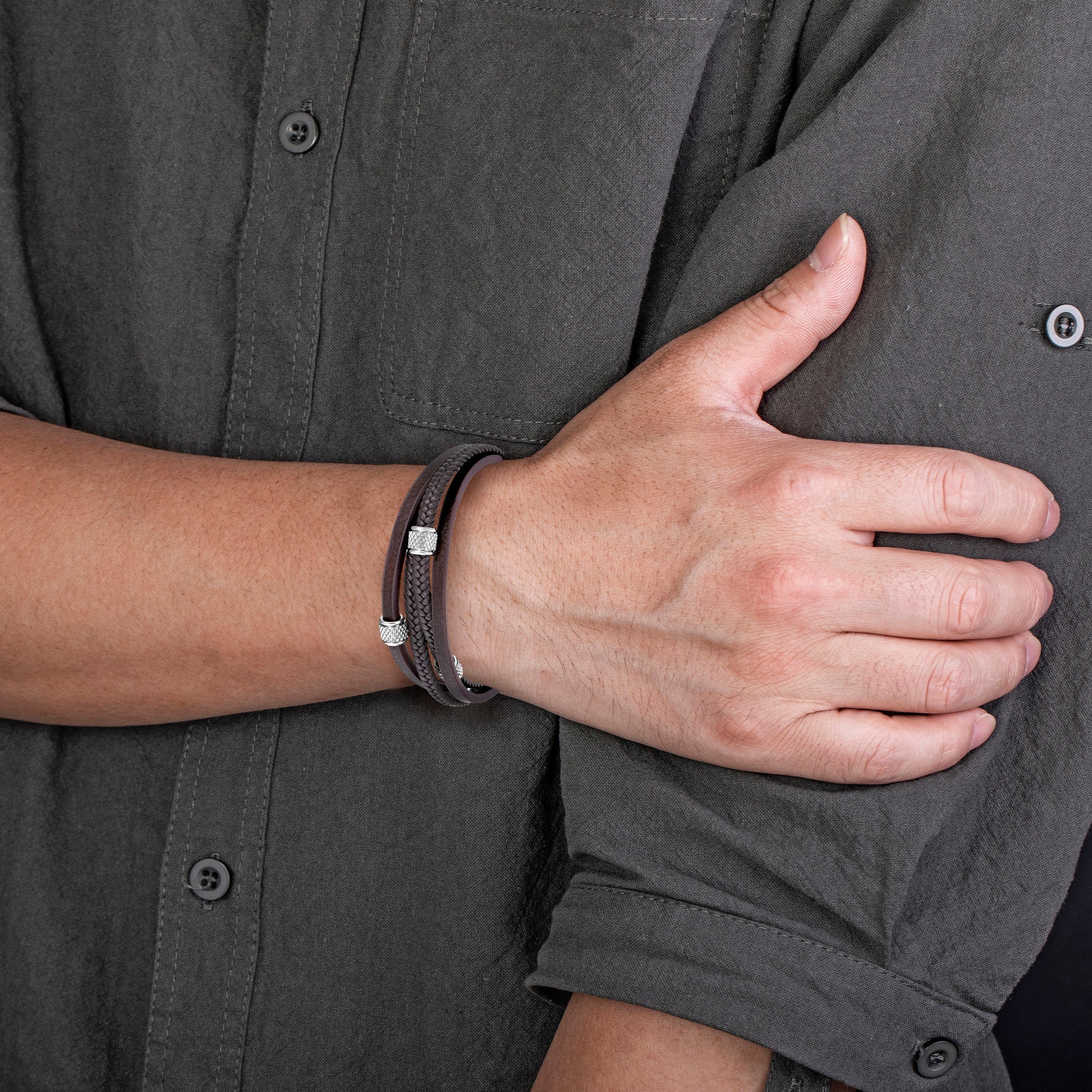 Mens Bracelet Adjustable Clasp Cuff Multi Strand Wristband Leather