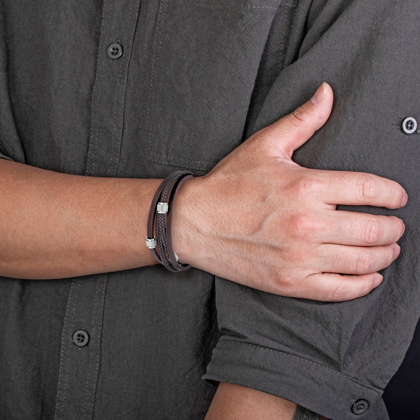 Mens Bracelet Adjustable Clasp Cuff Multi Strand Wristband Leather Bracelet for Daily Wear Minimalist Style Gift for Him