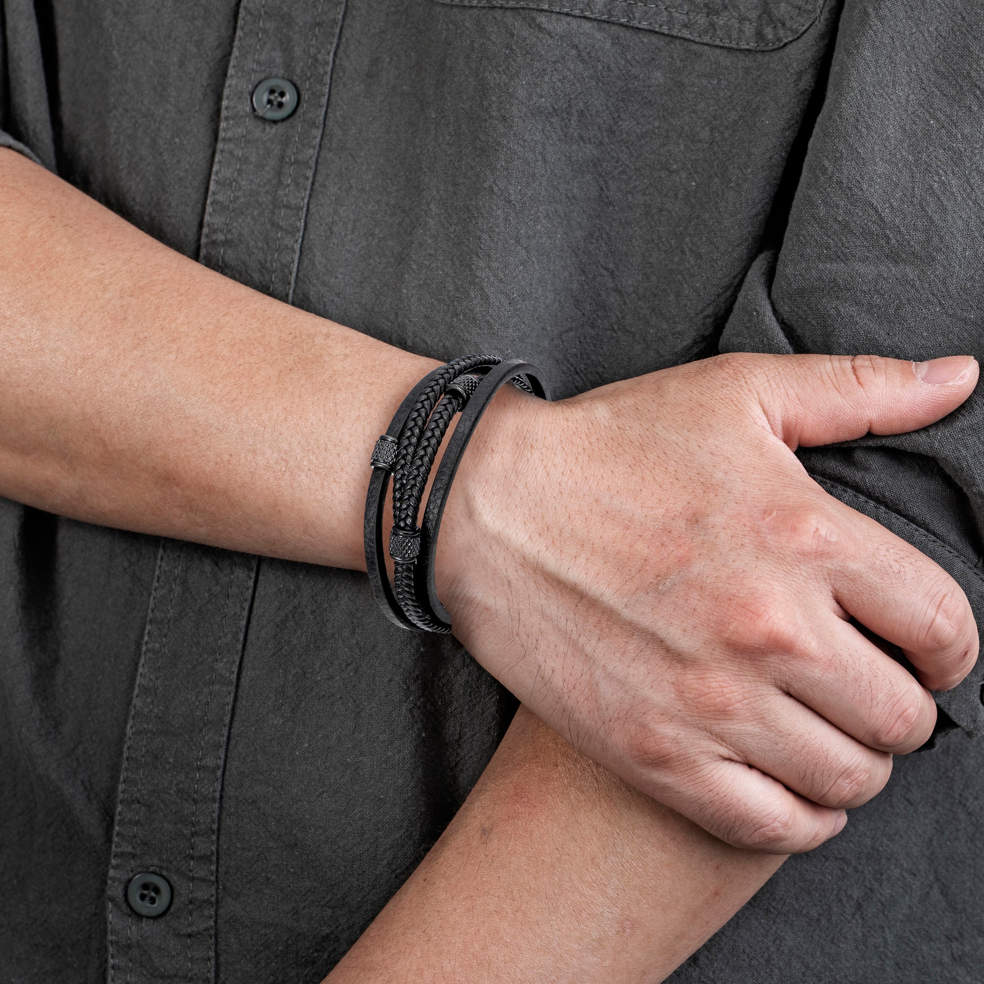 Mens Bracelet Adjustable Clasp Cuff Multi Strand Wristband Leather