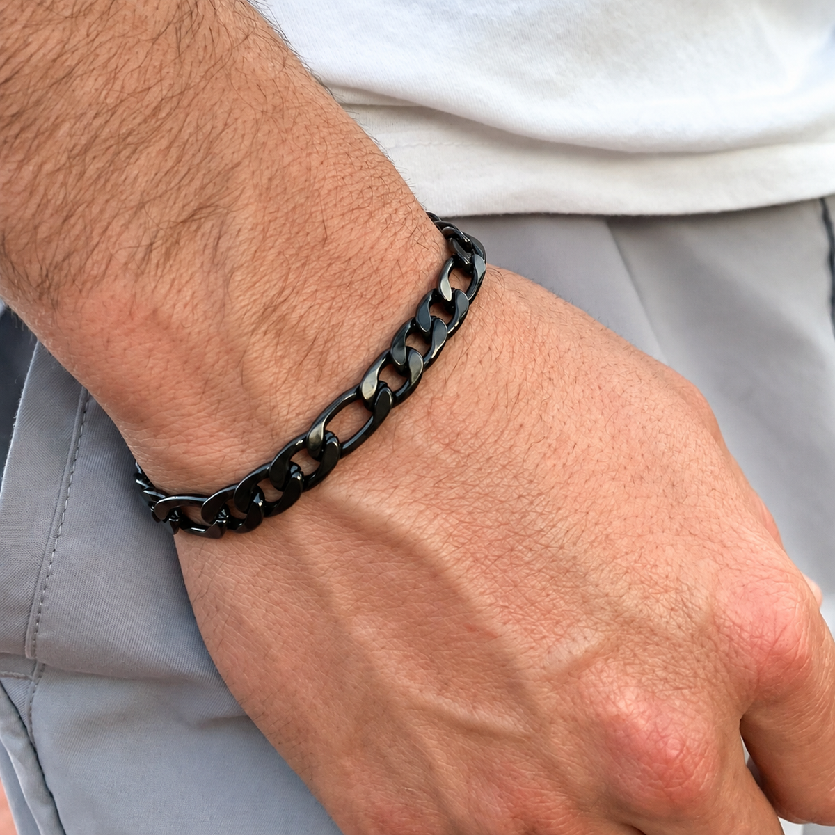 10mm Mens Figaro Chain Bracelet, Mens Vintage Silver Bracelet, Adjustable Link Clasp, Classic Statement Wrist Accessory BHR00290