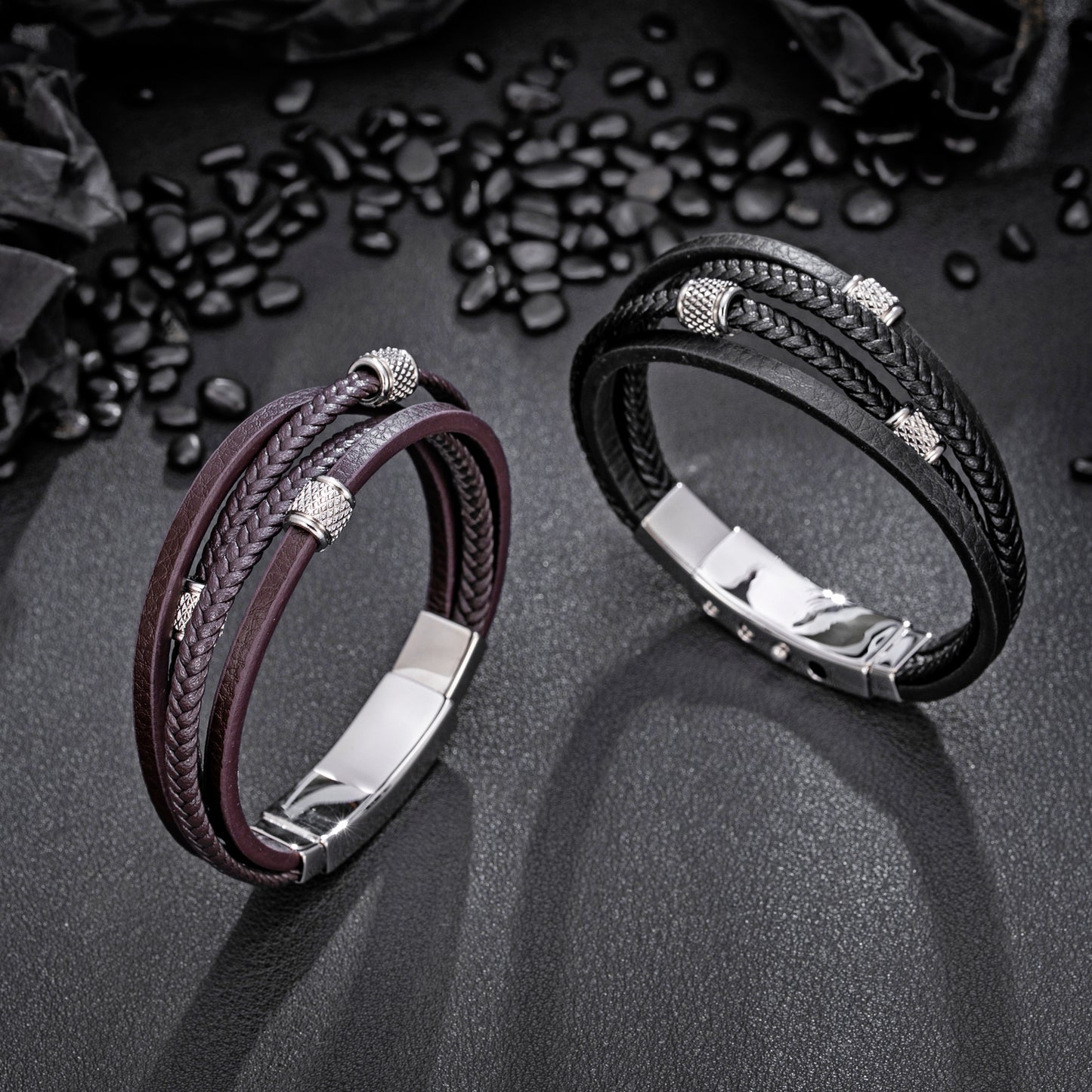 Mens Bracelet Adjustable Clasp Cuff Multi Strand Wristband Leather Bracelet for Daily Wear Minimalist Style Gift for Him