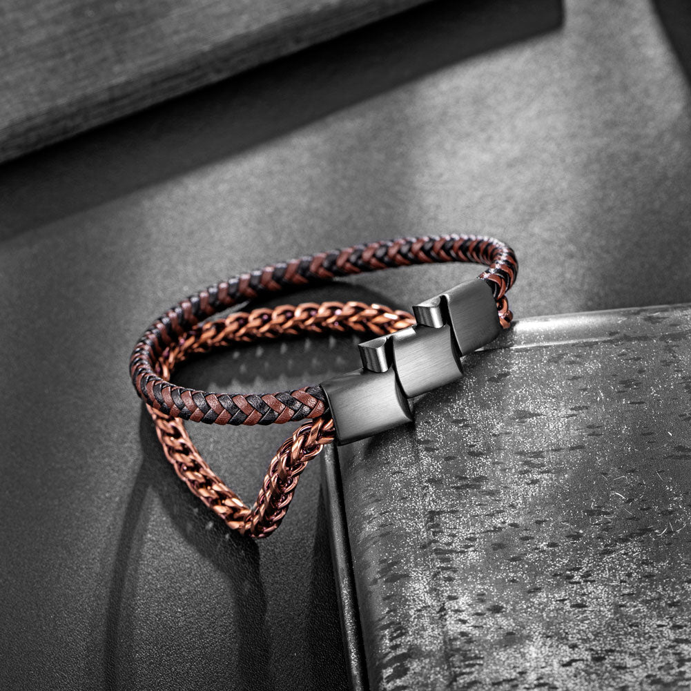 Rose Gold Plated Steel and Leather Bracelet BHR00333
