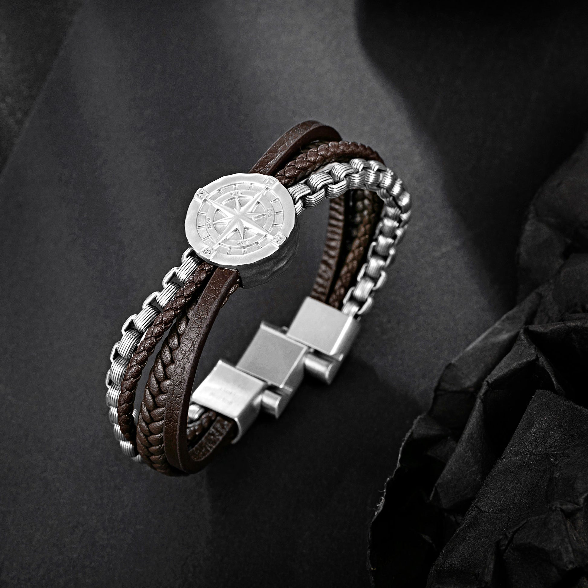 Compass Men Name Bracelet in Silver [Brown Leather]
