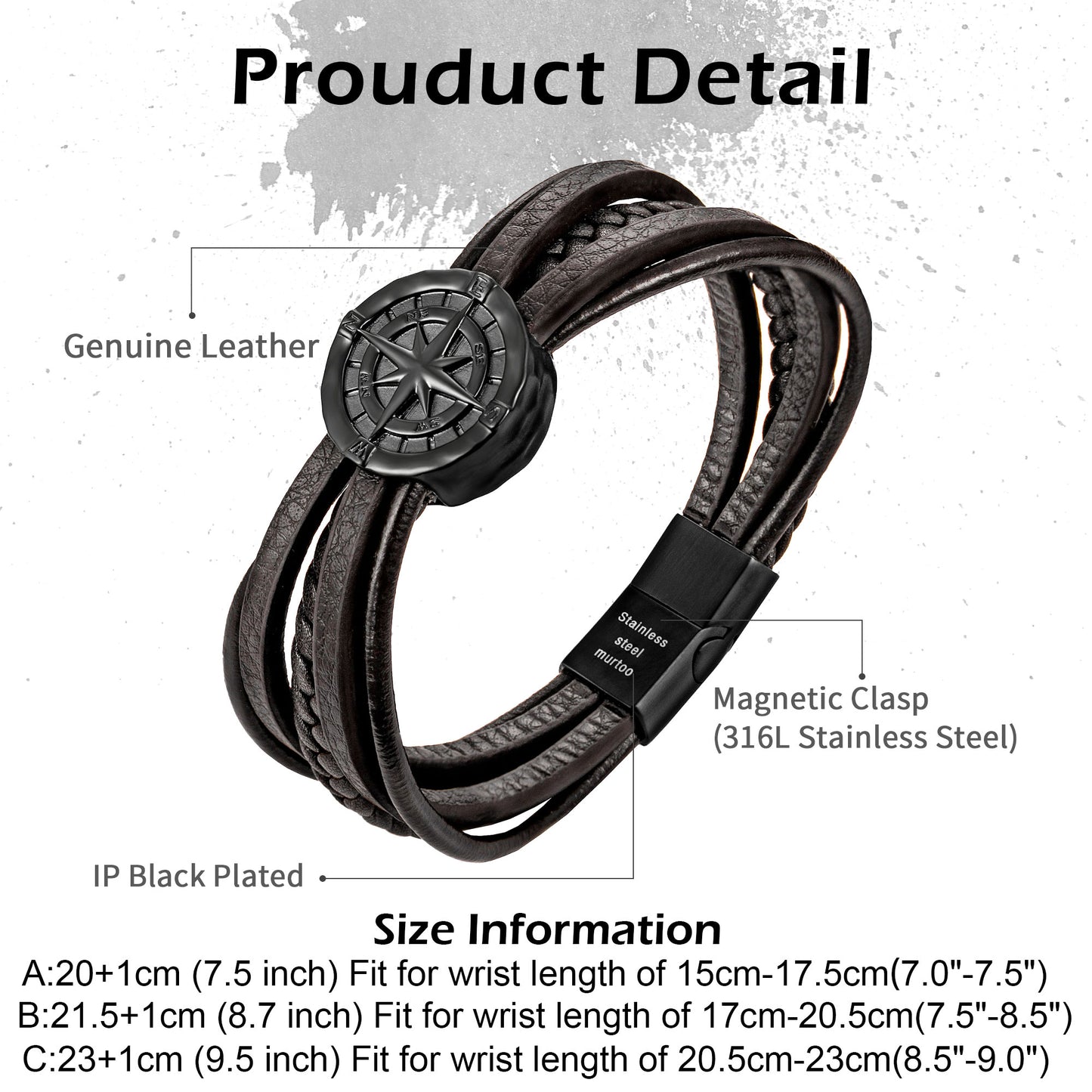 Compass leather bracelet for men B00462